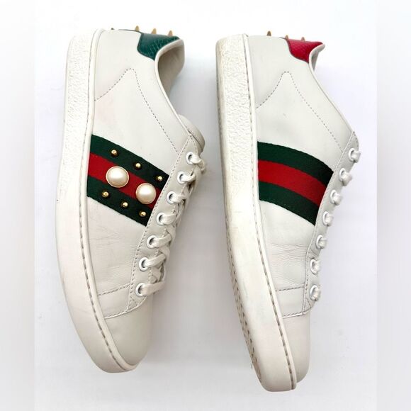 Gucci Ace Trainers Pearl Studded Web White Leather Low Top Sneakers EU 38 US 8 - Picture 8 of 13